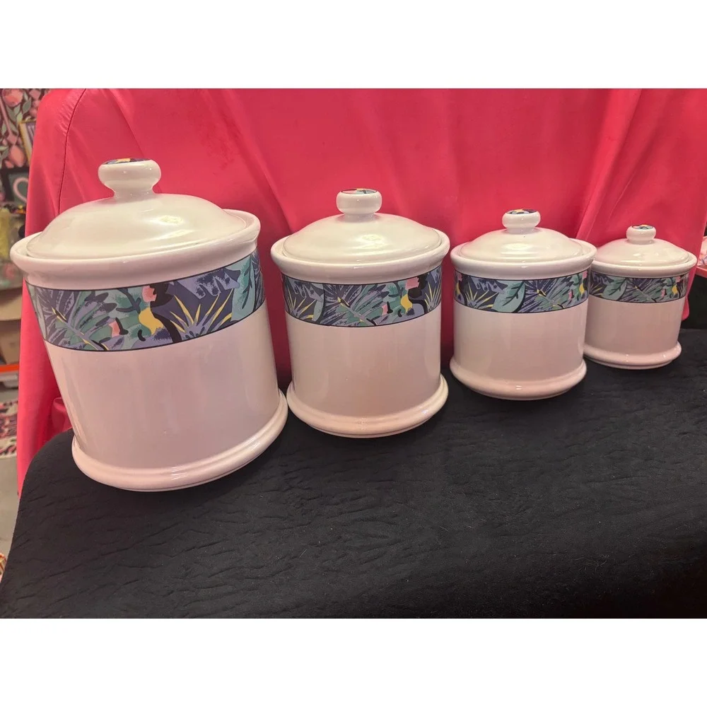 Vitramaster Key Largo 90s Vintage Ceramic Canister Set 4pc Tropical Jungle Leaf